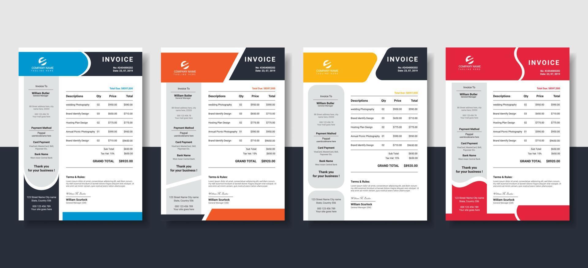 pacote de modelo de layout de fatura com 4 cores diferentes, modelo criativo ou design de modelo de vetor editável