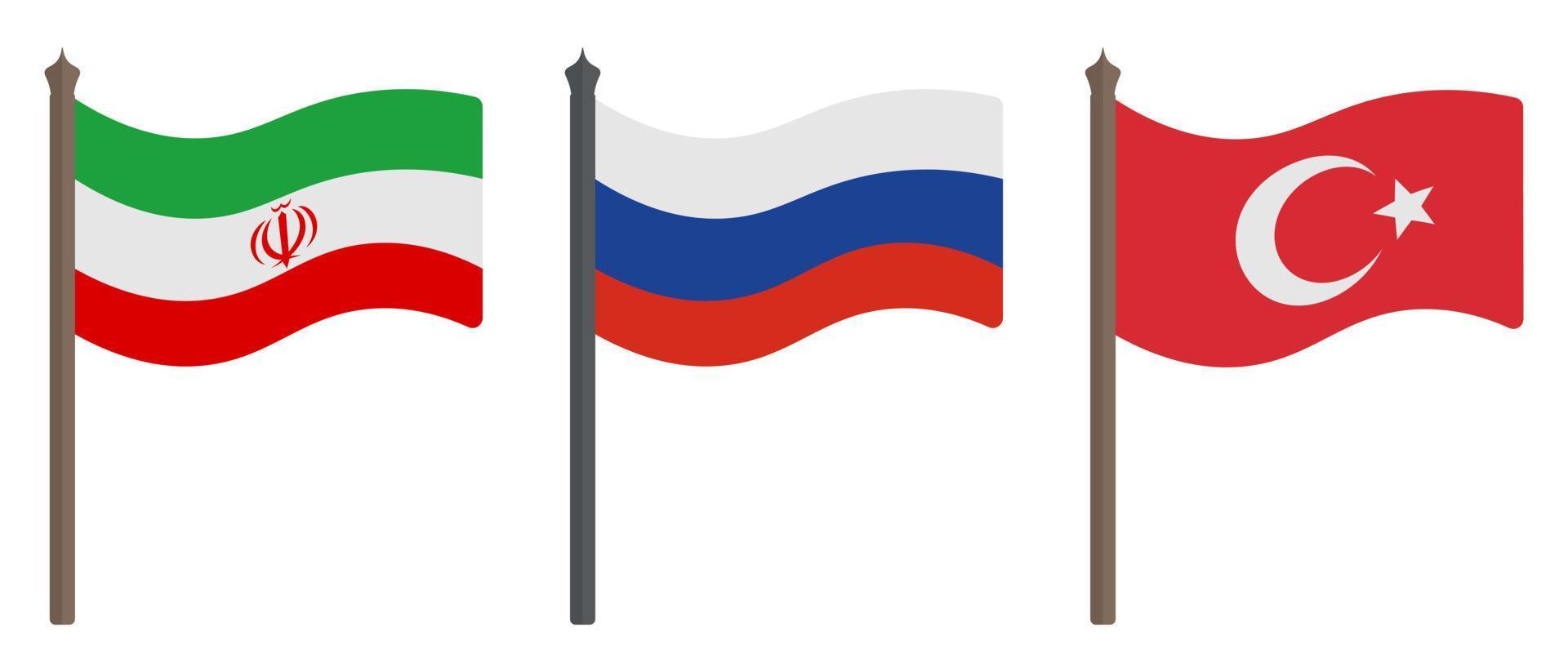 bandeira do Irã, Rússia e Turquia. conjunto de ilustrações vetoriais de cor. símbolos dos estados. temas políticos. estilo plano. sinal nacional. fundo isolado. vetor