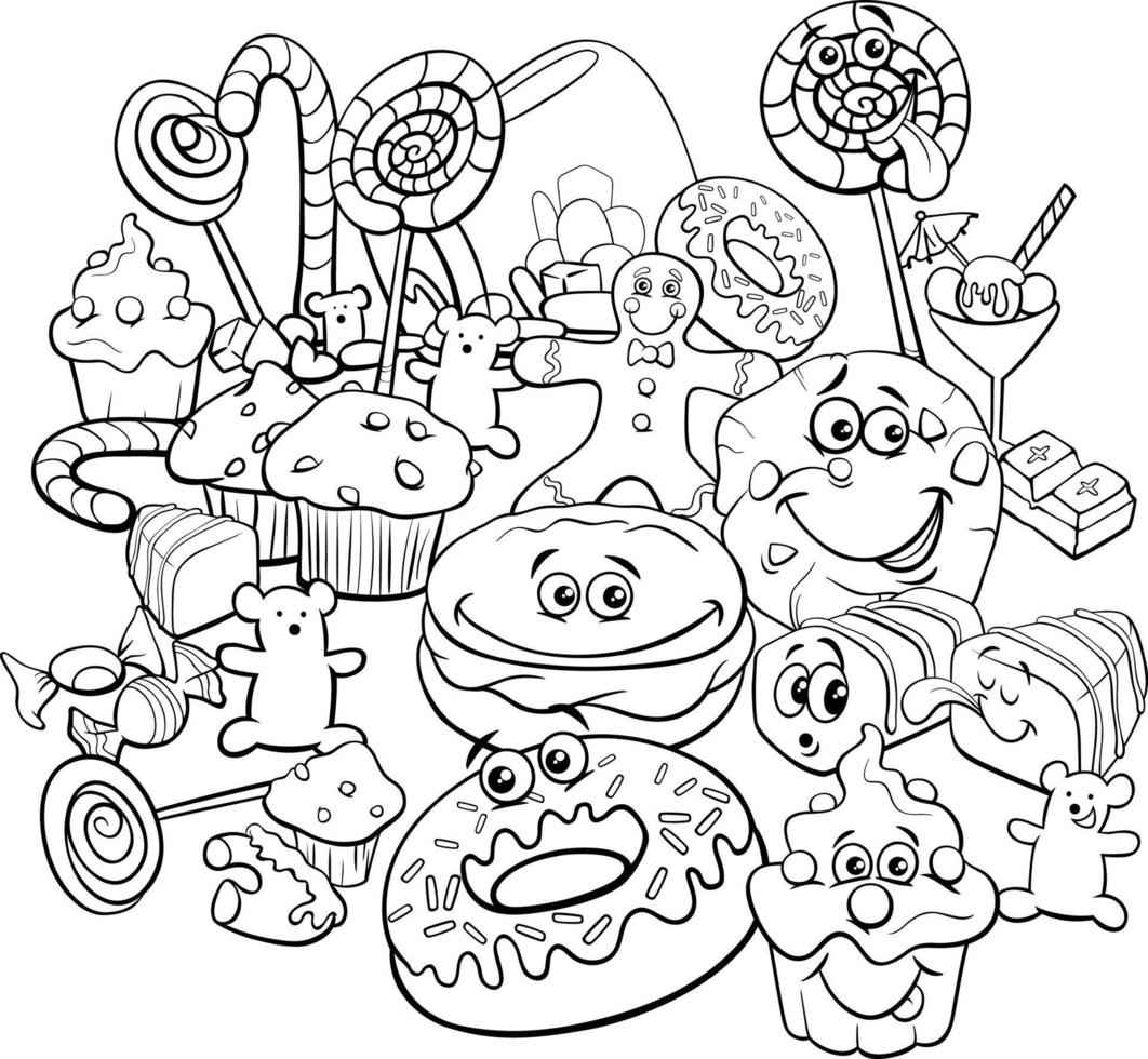 desenho de grupo de objetos de comida doce dos desenhos animados para colorir vetor