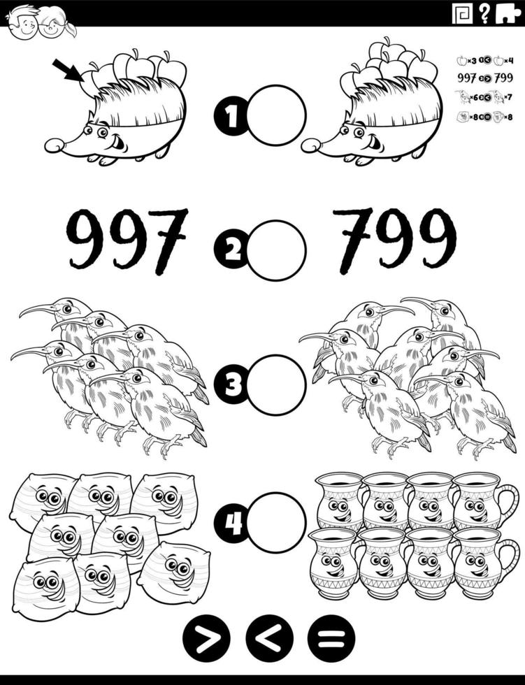 desenho de tarefa de matemática maior menor ou igual para colorir vetor