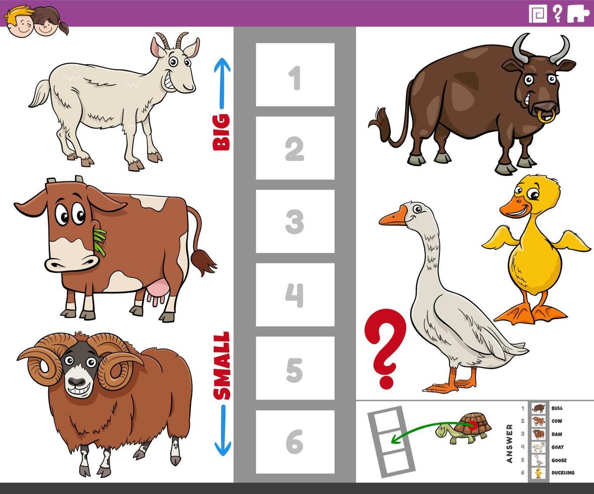 jogo educativo com grandes e pequenos animais de desenho animado vetor