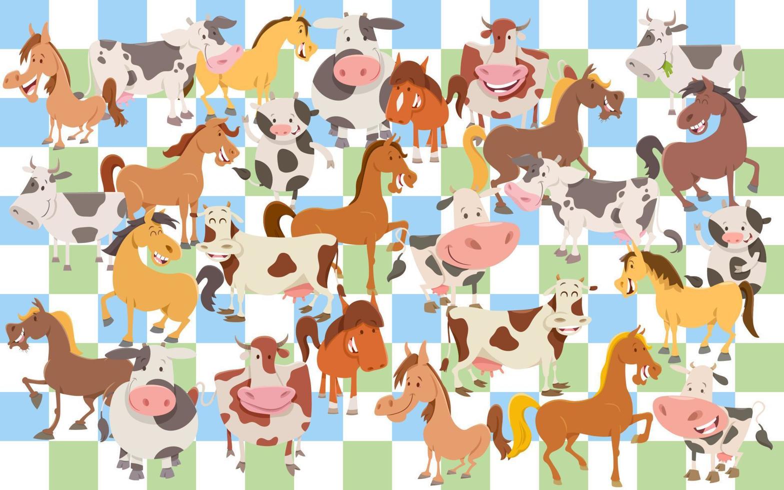 conjunto de vacas e cavalos dos desenhos animados ou pacote de papel ou design de tecido vetor