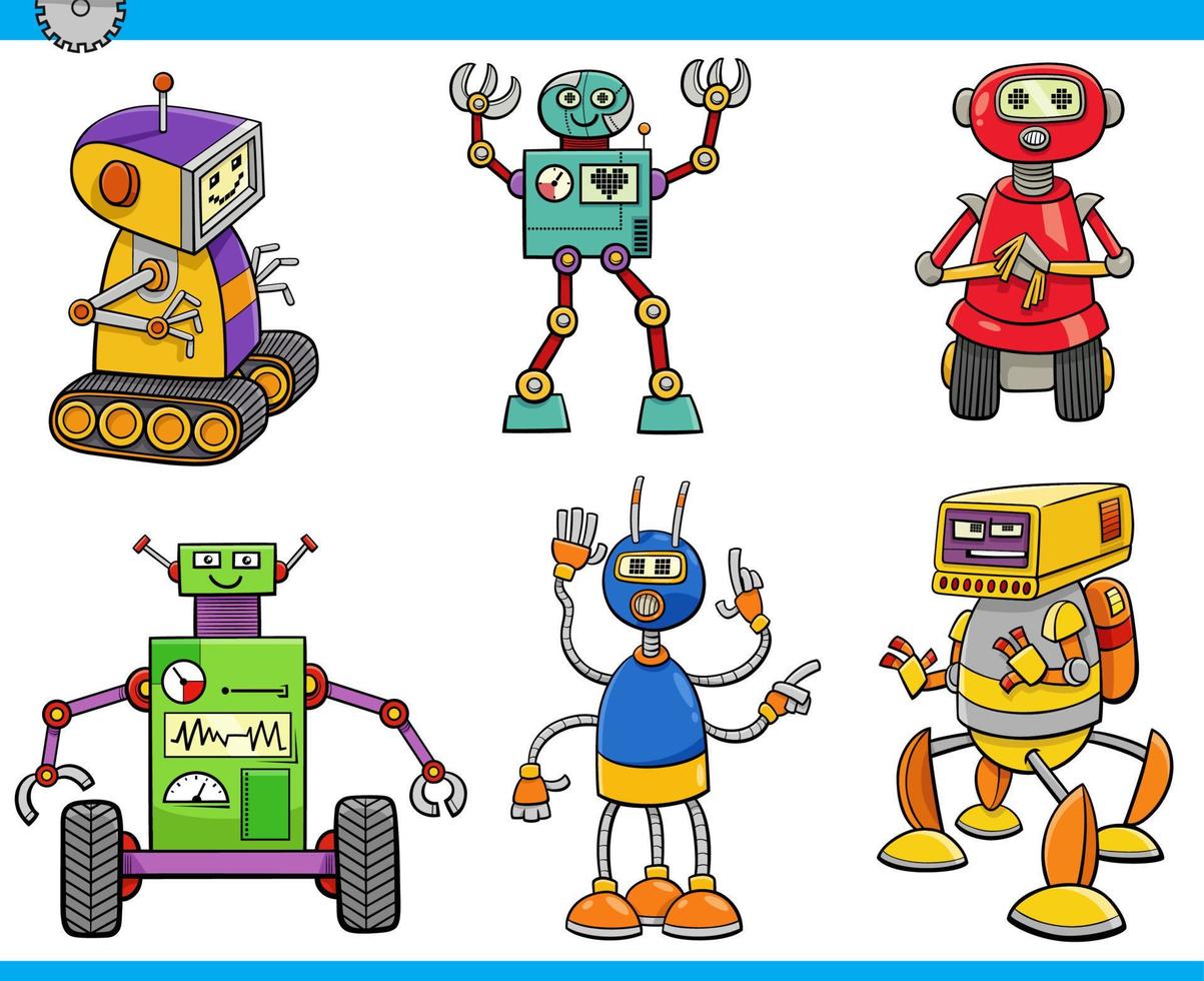 conjunto de personagens de quadrinhos de robôs ou droids de desenho animado vetor