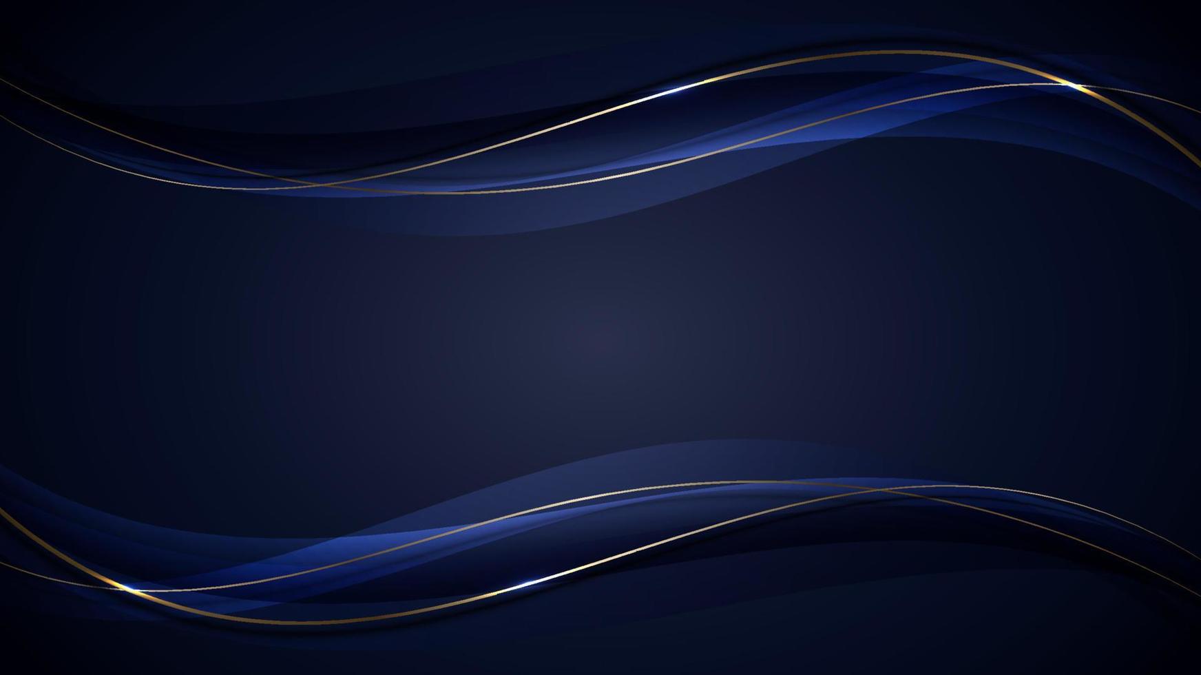 banner web template abstrato ondas azuis e douradas linhas curvas sobrepostas design de camada no estilo de luxo de fundo azul escuro vetor