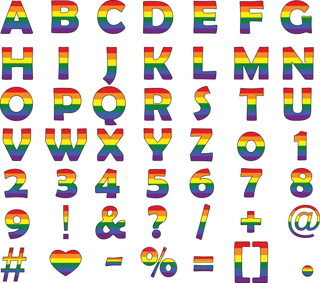 alfabeto lgbt e número em fundo branco. alfabeto de vetor de arco-íris. símbolo de letra colorida do arco-íris.
