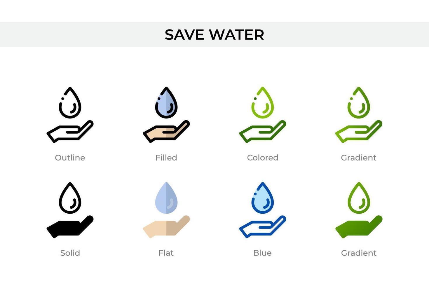 salve o ícone de água em estilo diferente. salve ícones vetoriais de água projetados em estilo de contorno, sólido, colorido, preenchido, gradiente e plano. símbolo, ilustração do logotipo. ilustração vetorial vetor