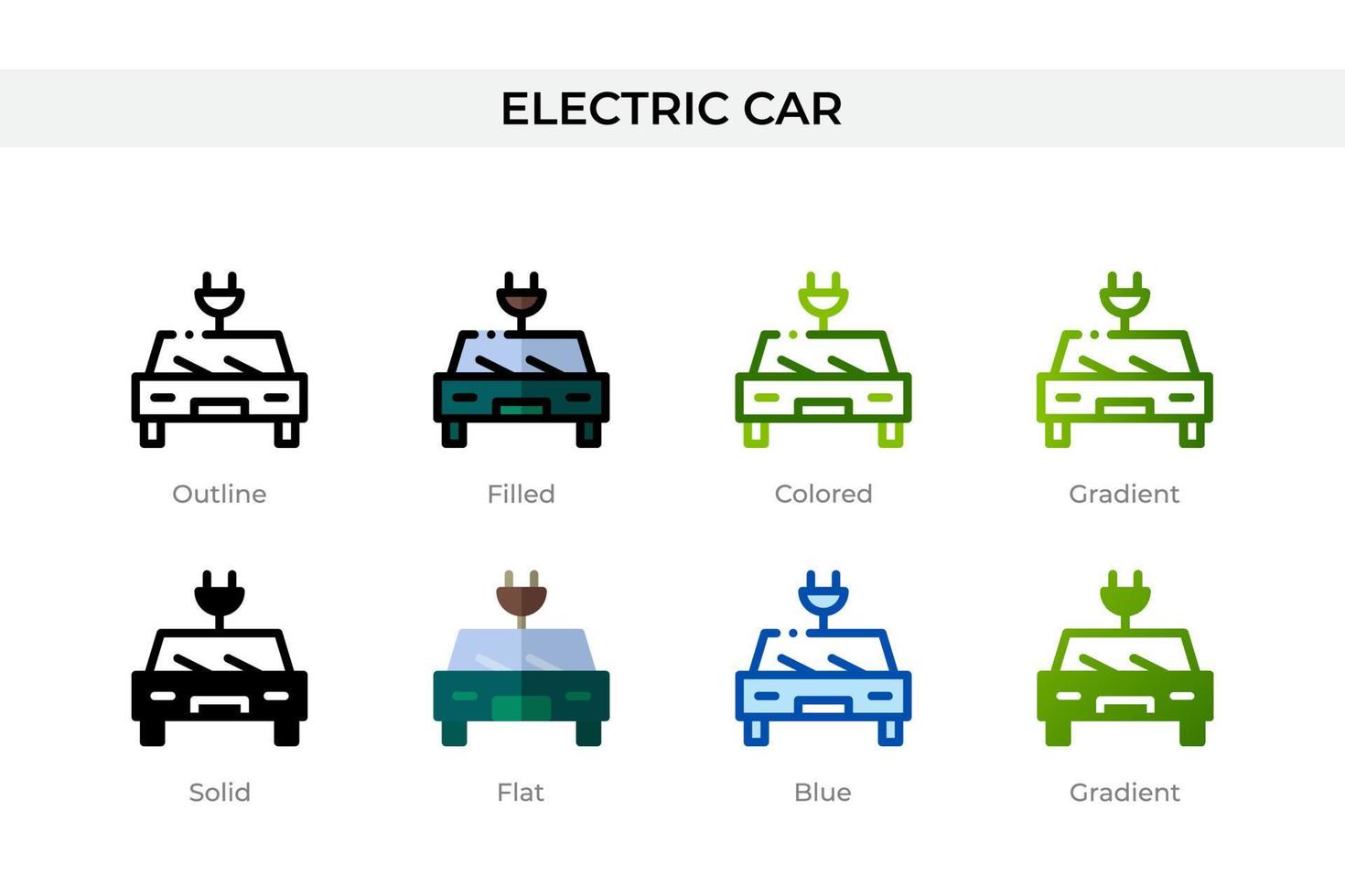 ícone de carro elétrico em estilo diferente. ícones de vetor de carro elétrico projetados em estilo de contorno, sólido, colorido, preenchido, gradiente e plano. símbolo, ilustração do logotipo. ilustração vetorial