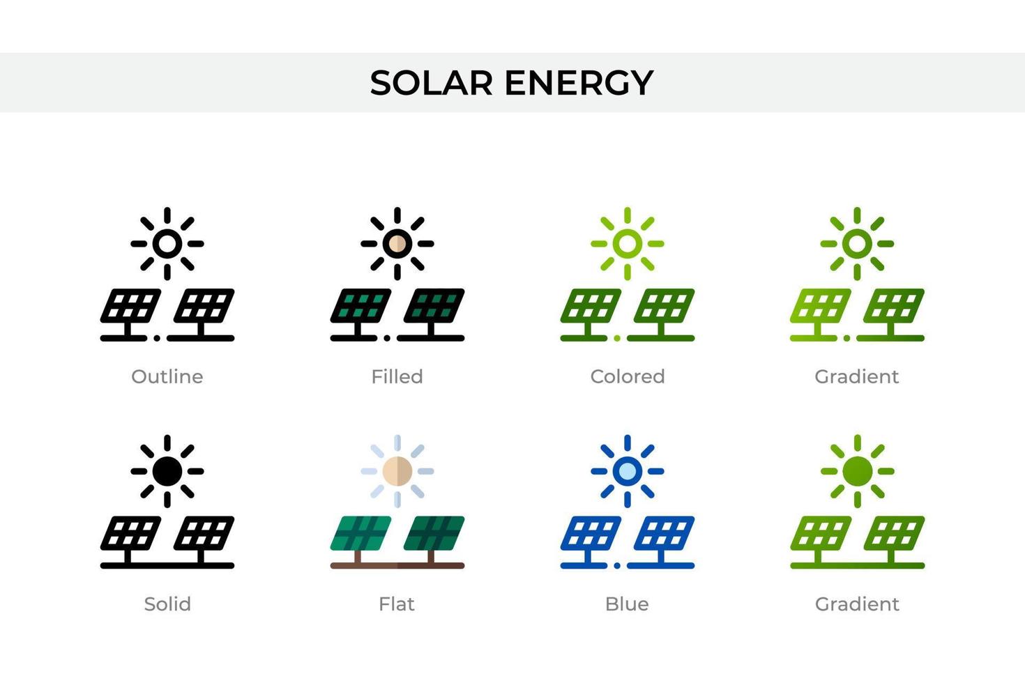 ícone de energia solar em estilo diferente. ícones de vetor de energia solar projetados em estilo de contorno, sólido, colorido, preenchido, gradiente e plano. símbolo, ilustração do logotipo. ilustração vetorial