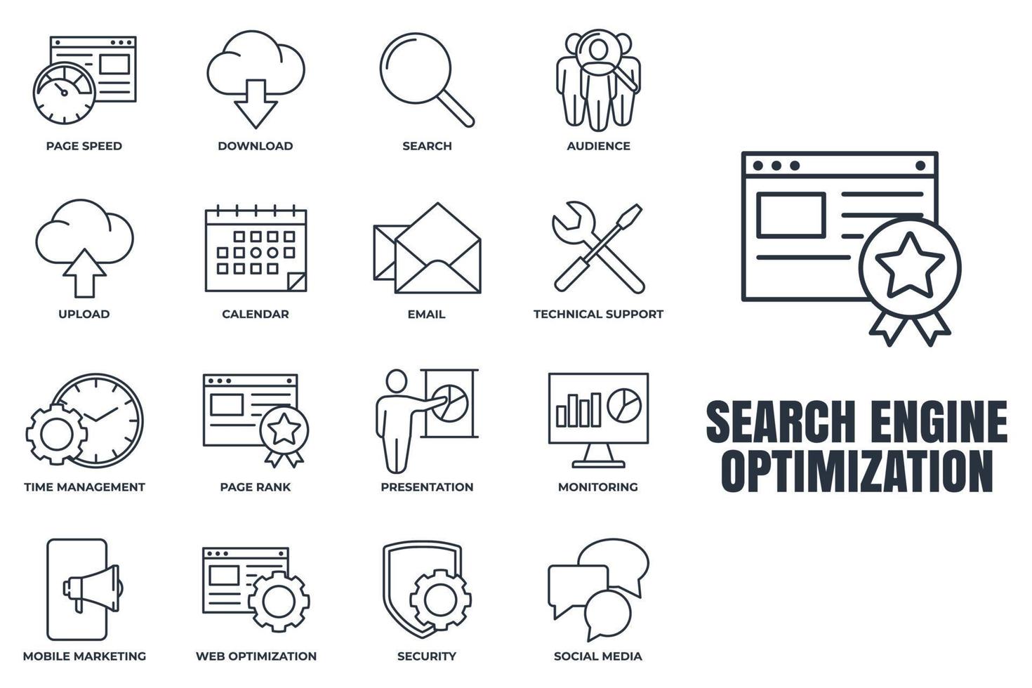 conjunto de ilustração em vetor logotipo do Search Engine Optimization ícone. modelo de símbolo de pacote de otimização seo para coleção de design gráfico e web.
