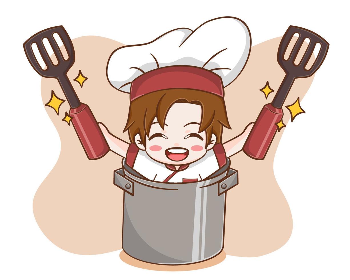 menino chef bonito em uma ilustração de desenho de panela vetor