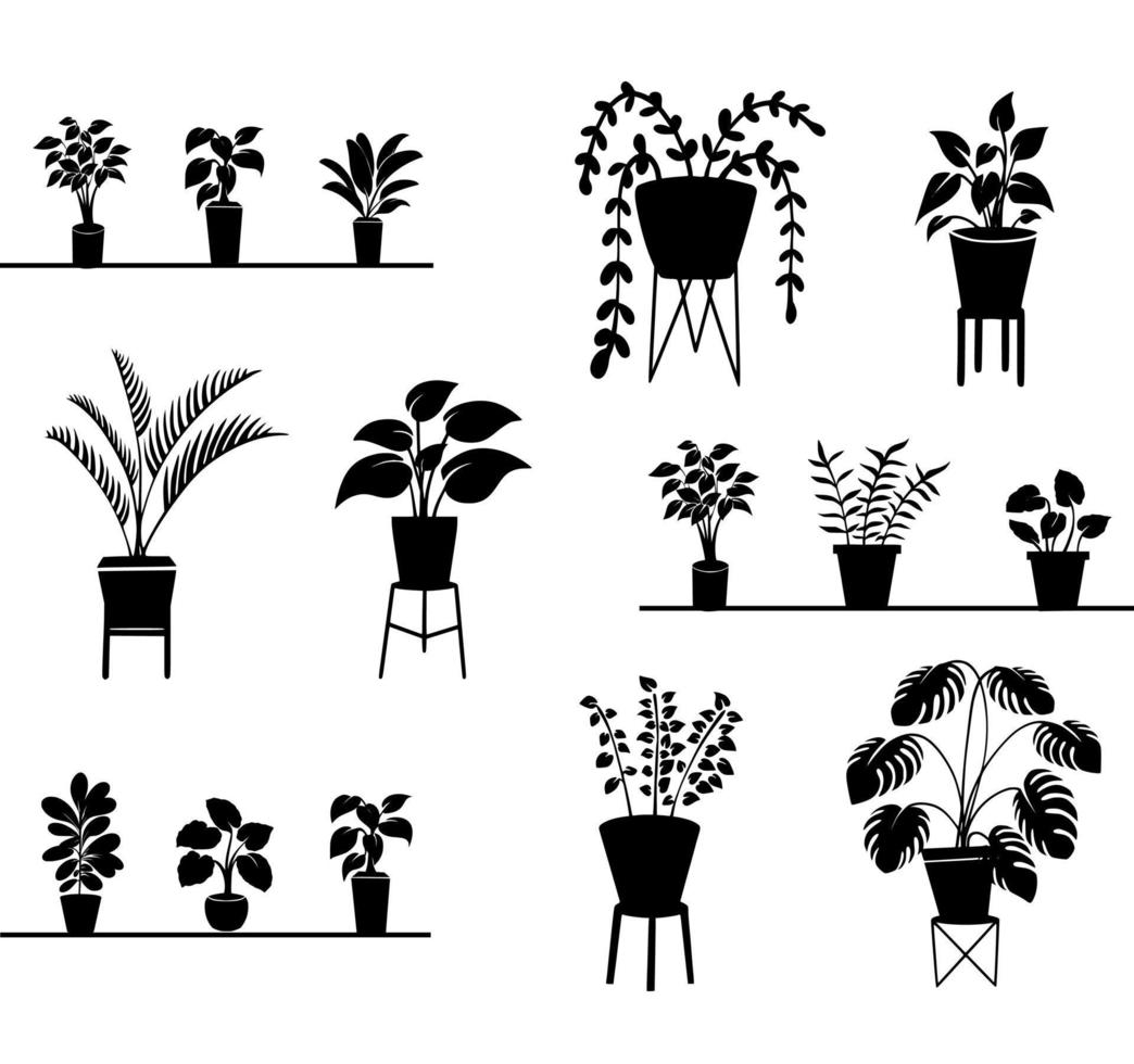 silhuetas de plantas em vasos e suportes conjunto gráfico interior vetor