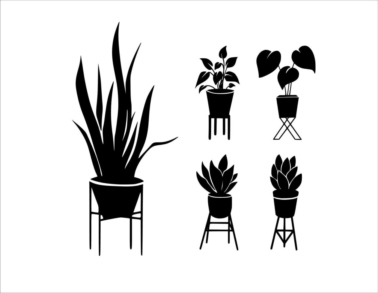 conjunto de silhuetas de plantas em vasos populares planas em stands vetor