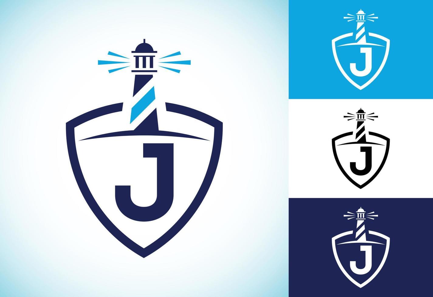 alfabeto inicial do monograma j em um escudo com o farol. logotipo do porto. emblema da fonte vetor