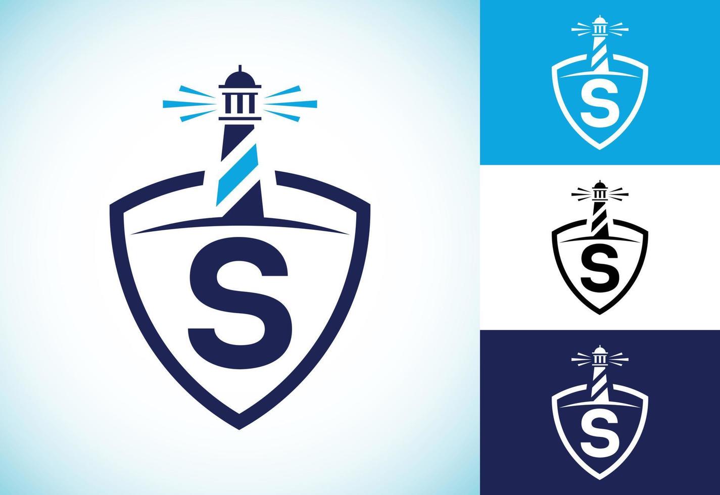 alfabeto do monograma inicial s em um escudo com o farol. logotipo do porto. emblema da fonte vetor