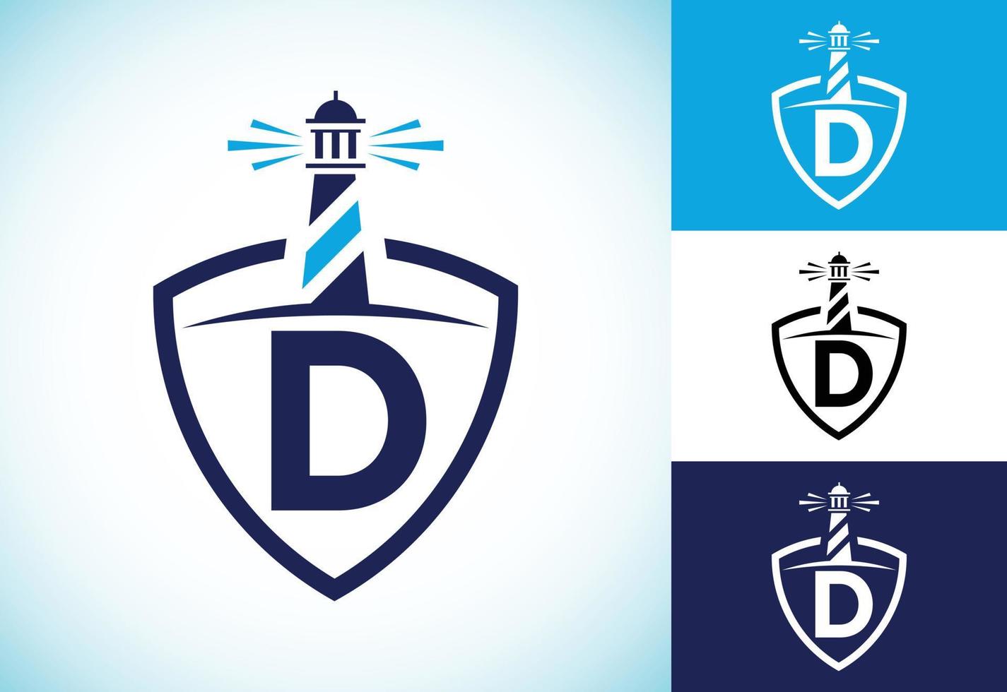 alfabeto inicial do monograma d em um escudo com o farol. logotipo do porto. emblema da fonte vetor