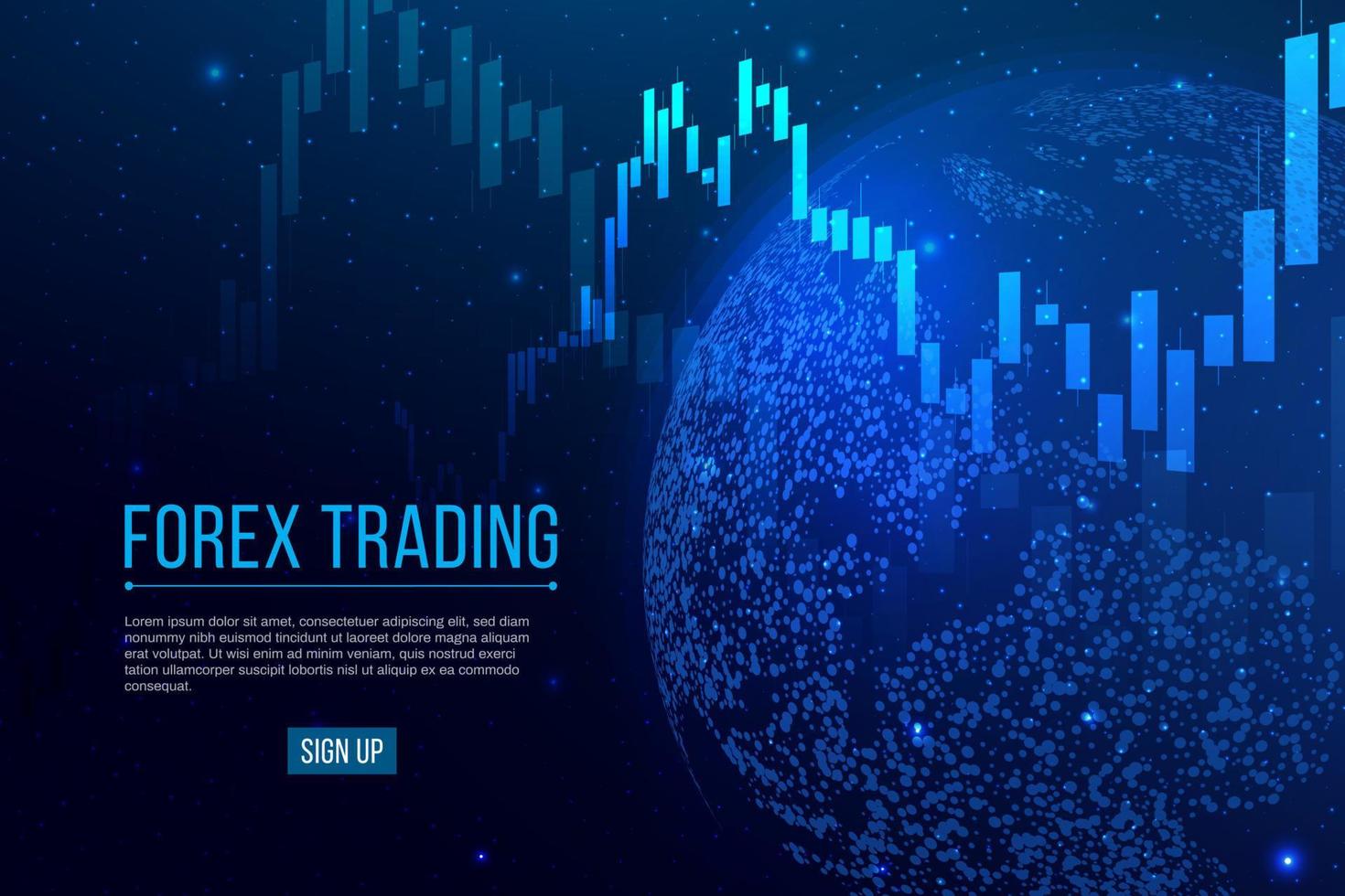 bandeira de negociação forex. gráfico de estoque de velas com o planeta Terra. conceitos de investimento do mercado de ações. comércio global em fundo azul. ilustração vetorial vetor