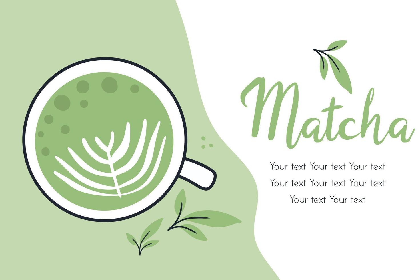 panfleto com chá matcha. ilustração vetorial com chá verde. caneca com matcha latte. cartaz com estilo verde matcha mug.doodle. vetor