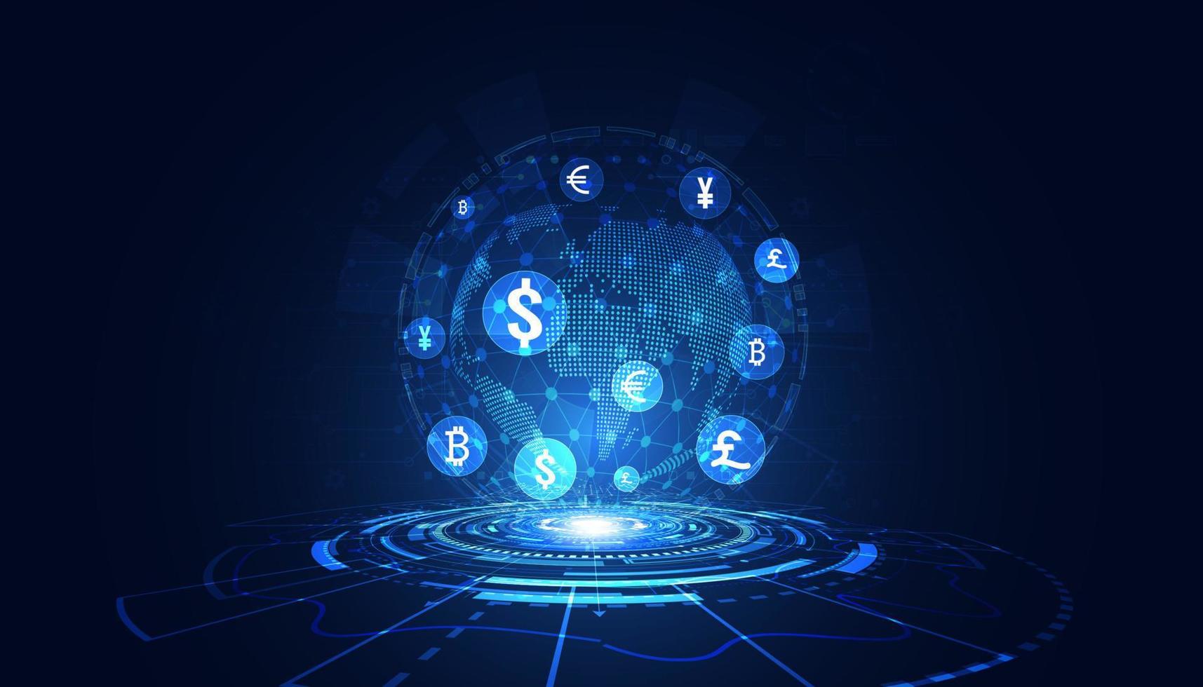 mundo abstrato holograma círculo digital transferência de dinheiro defi blockchain financeiro descentralizado, criptomoeda e bitcoin, online, transação de internet futurista. vetor