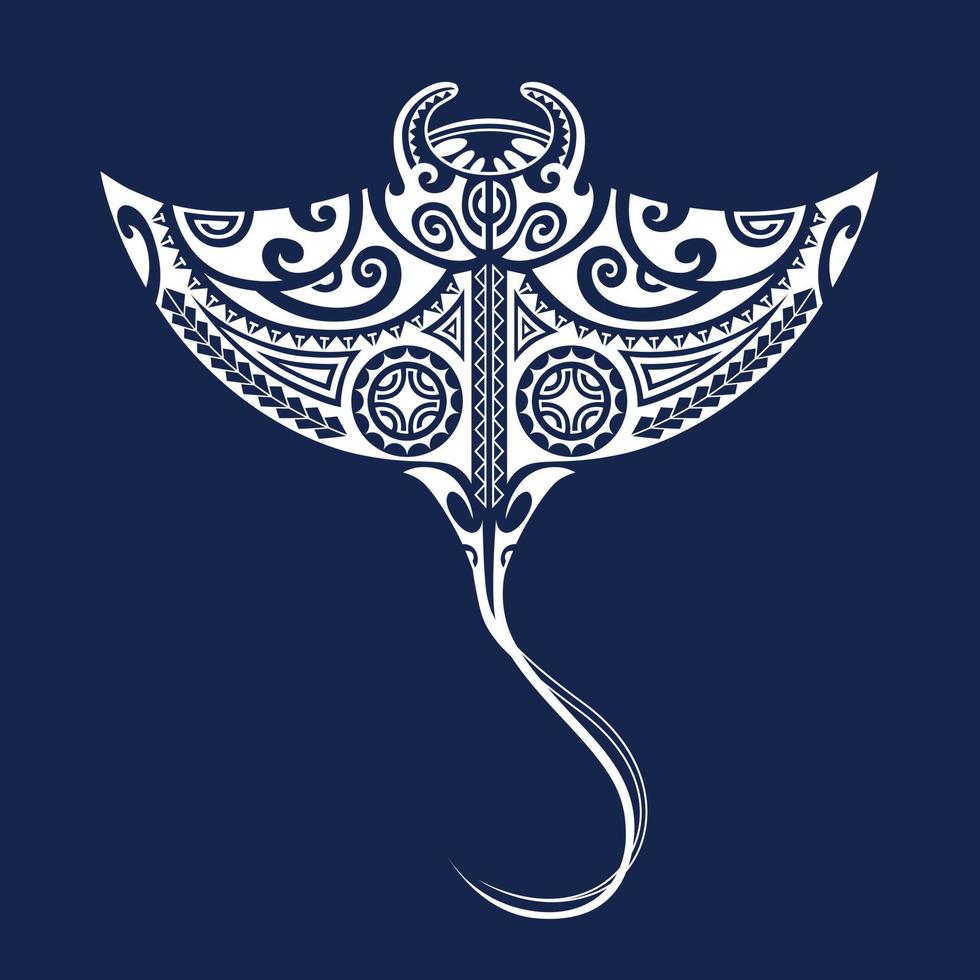 ilustração de arraia manta em estilo maori. ornamento para mergulhadores. branco sobre fundo azul. vetor