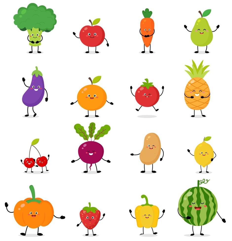 conjunto de imagens coloridas de frutas e legumes bonitos dos desenhos animados. vetor elementos isolados no fundo branco com diferentes poses e emoções. conceito de personagens de desenhos animados de comida.