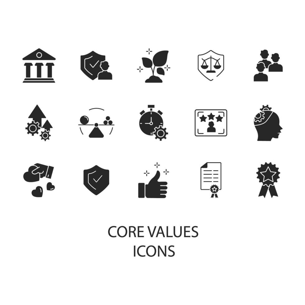 conjunto de ícones de valores fundamentais. valores centrais embalam elementos vetoriais de símbolo para web infográfico vetor