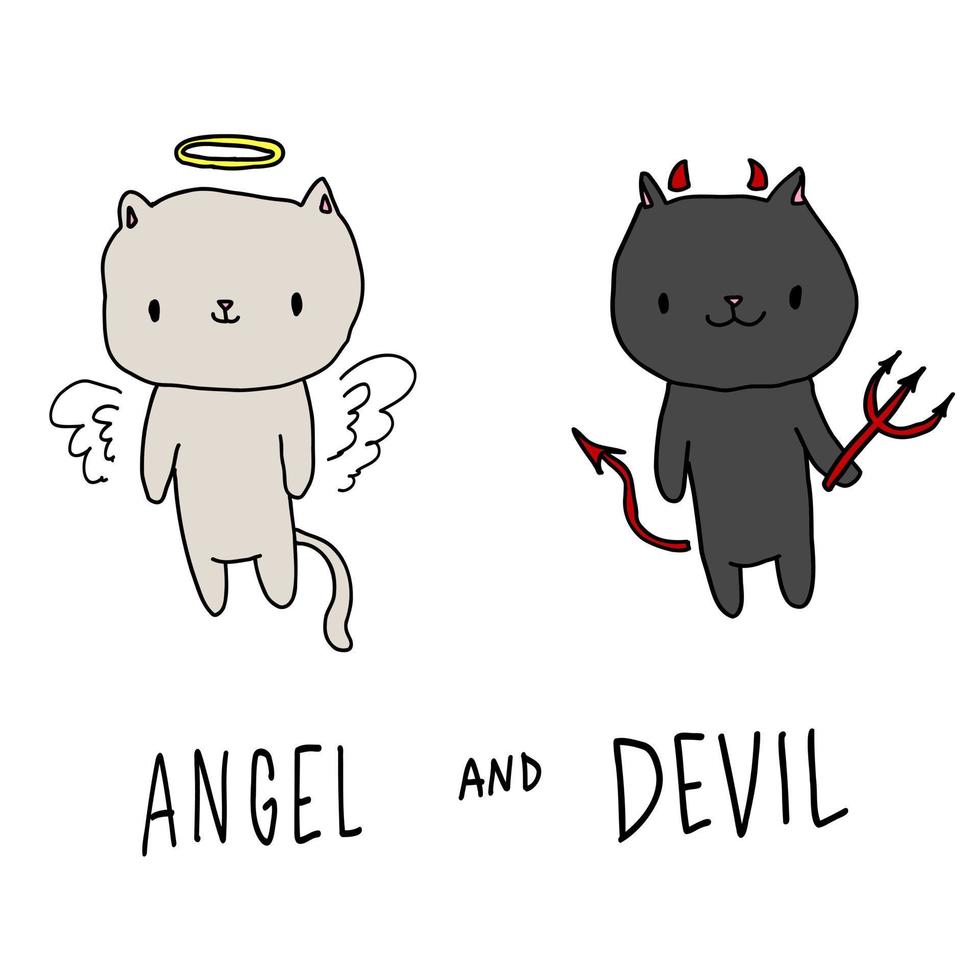 gatinho branco e preto fofo com anjo de texto, diabo. personagem de desenho animado infantil em um fundo isolado. impressão de bebê, banner, folheto. vetor