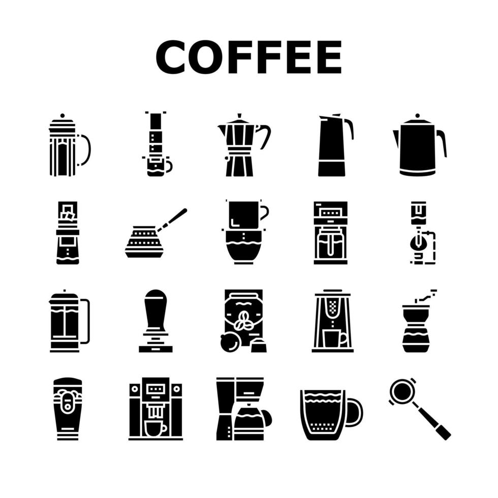 máquina de fazer café e conjunto de ícones de acessórios vetor
