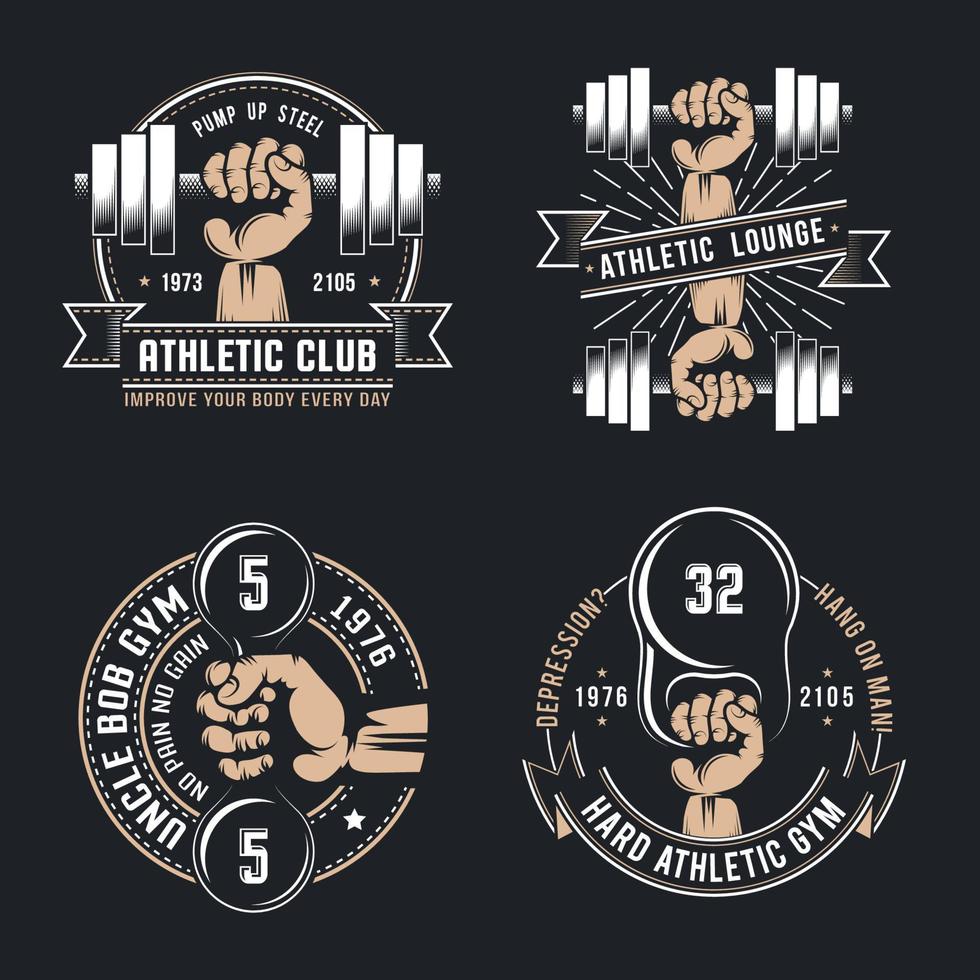 mão de logotipos atléticos vintage com haltere e kettlebell.can ser usado para impressão de t-shirt, impressão de caneca, almofadas, design de impressão de moda, desgaste infantil, chá de bebê, saudação e cartão postal. design de camiseta vetor