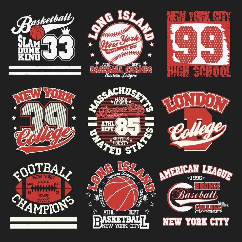 conjunto de emblemas gráficos de tipografia esportiva, design de impressão de t-shirt. roupa original atlética, estampa vintage para roupas esportivas vetor