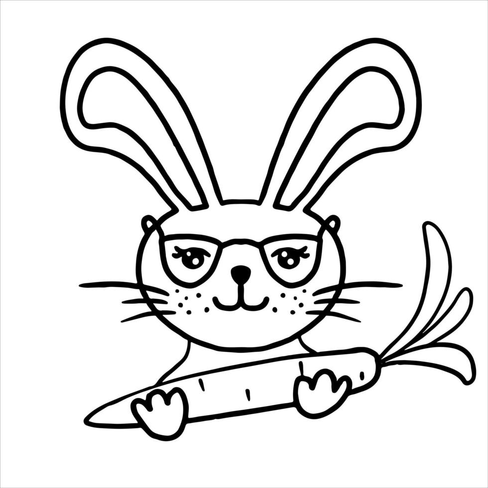 coelho fofo segurando uma cenoura no estilo doodle. mão desenhada ilustração em vetor animal fofo. símbolo do ano.