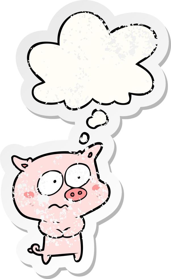 desenho animado porco nervoso e bolha de pensamento como um adesivo desgastado vetor