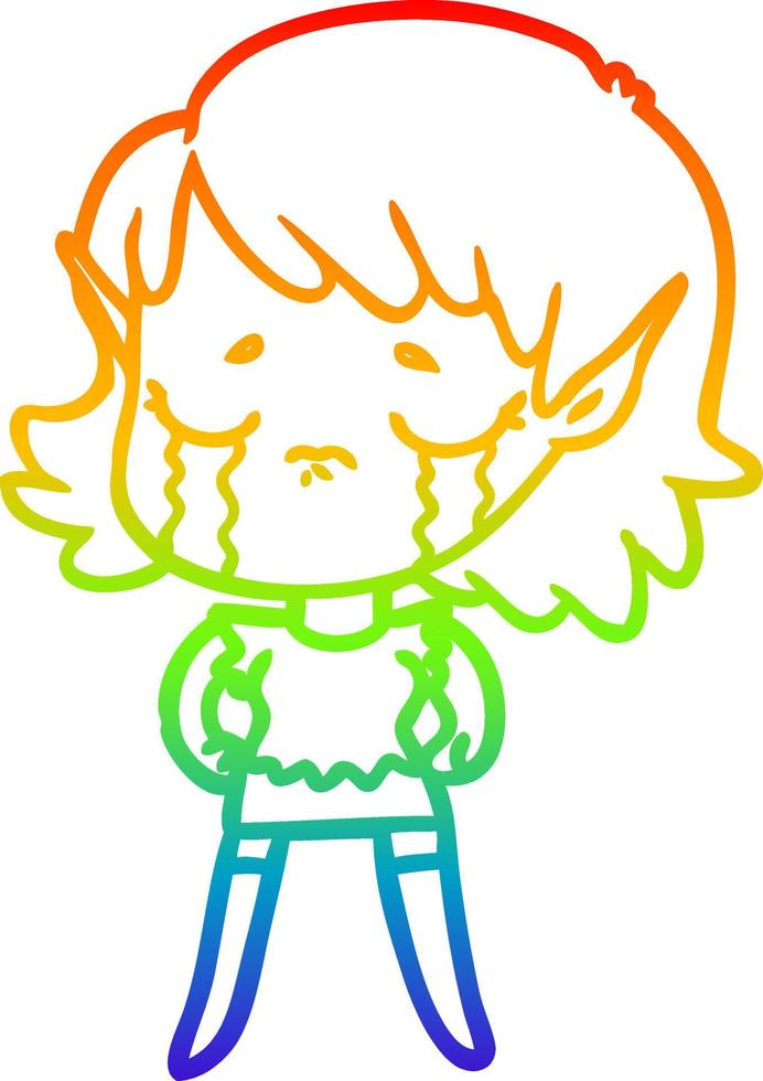 desenho de linha de gradiente de arco-íris desenho animado menina elfa chorando vetor