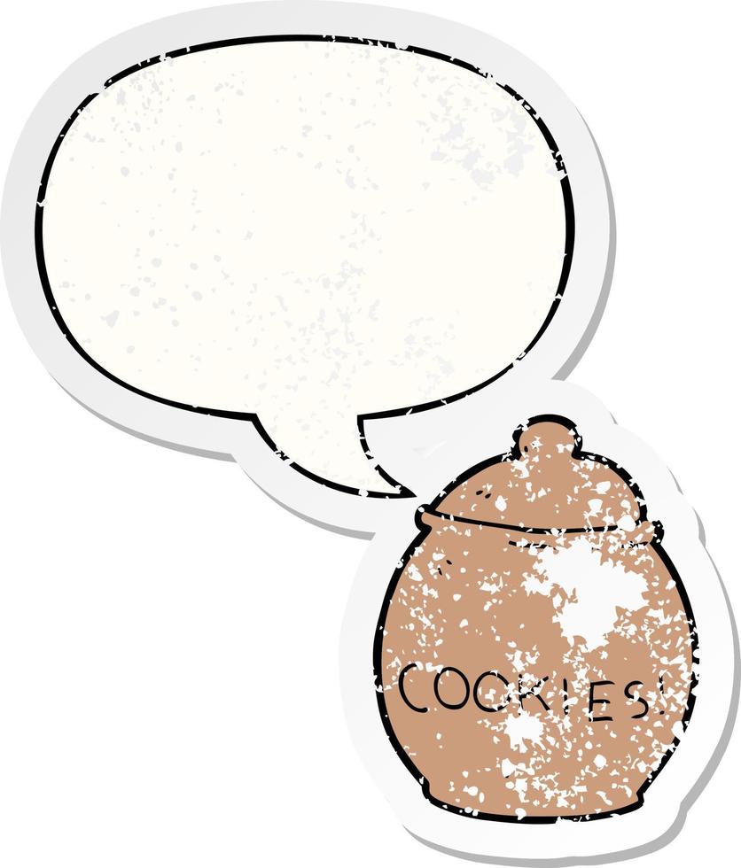 frasco de biscoito de desenho animado e adesivo angustiado de bolha de fala vetor