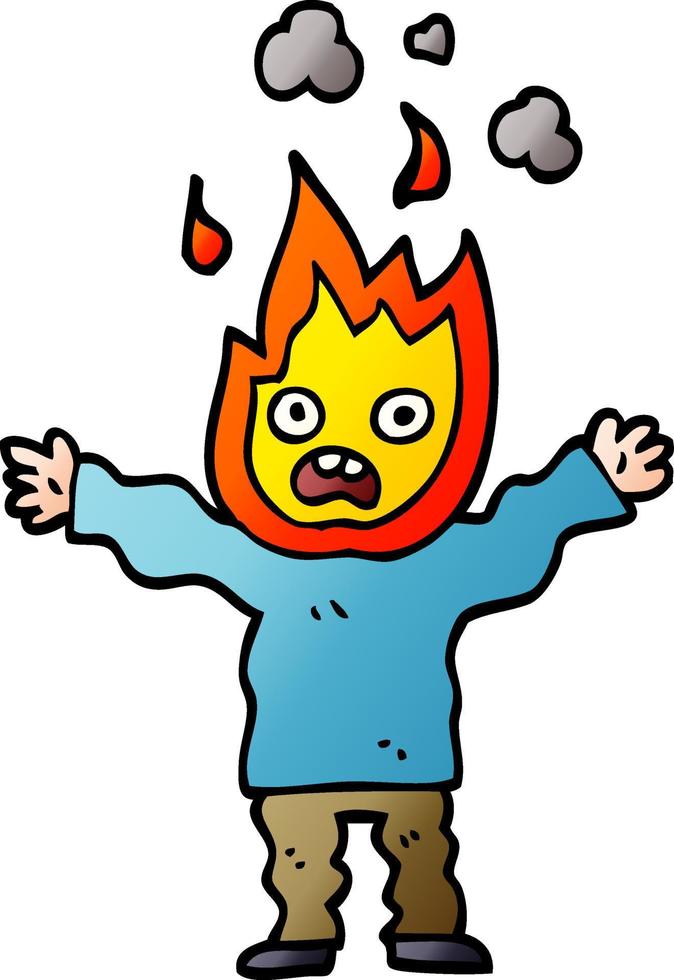 homem de doodle dos desenhos animados com a cabeça em chamas vetor