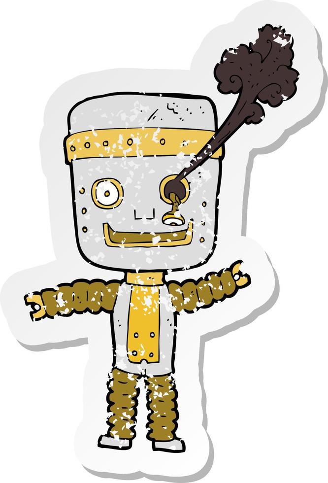 adesivo retrô angustiado de um robô de ouro engraçado de desenho animado vetor