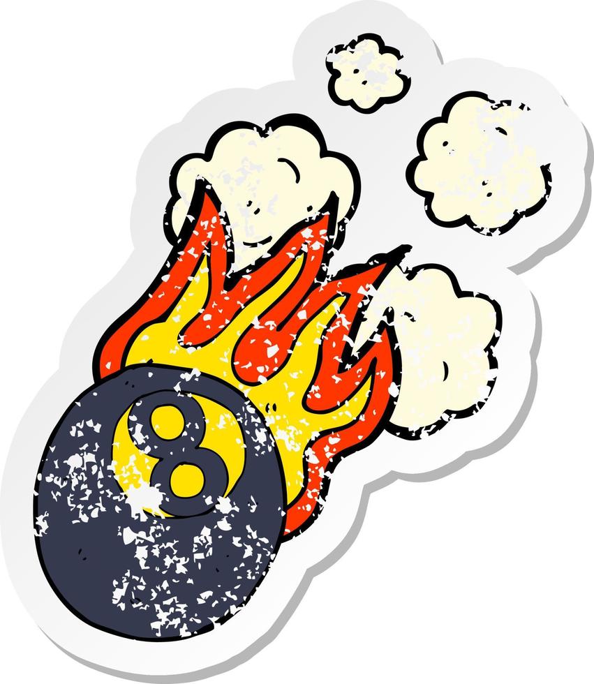 adesivo retrô angustiado de uma bola de bilhar em chamas de desenho animado vetor