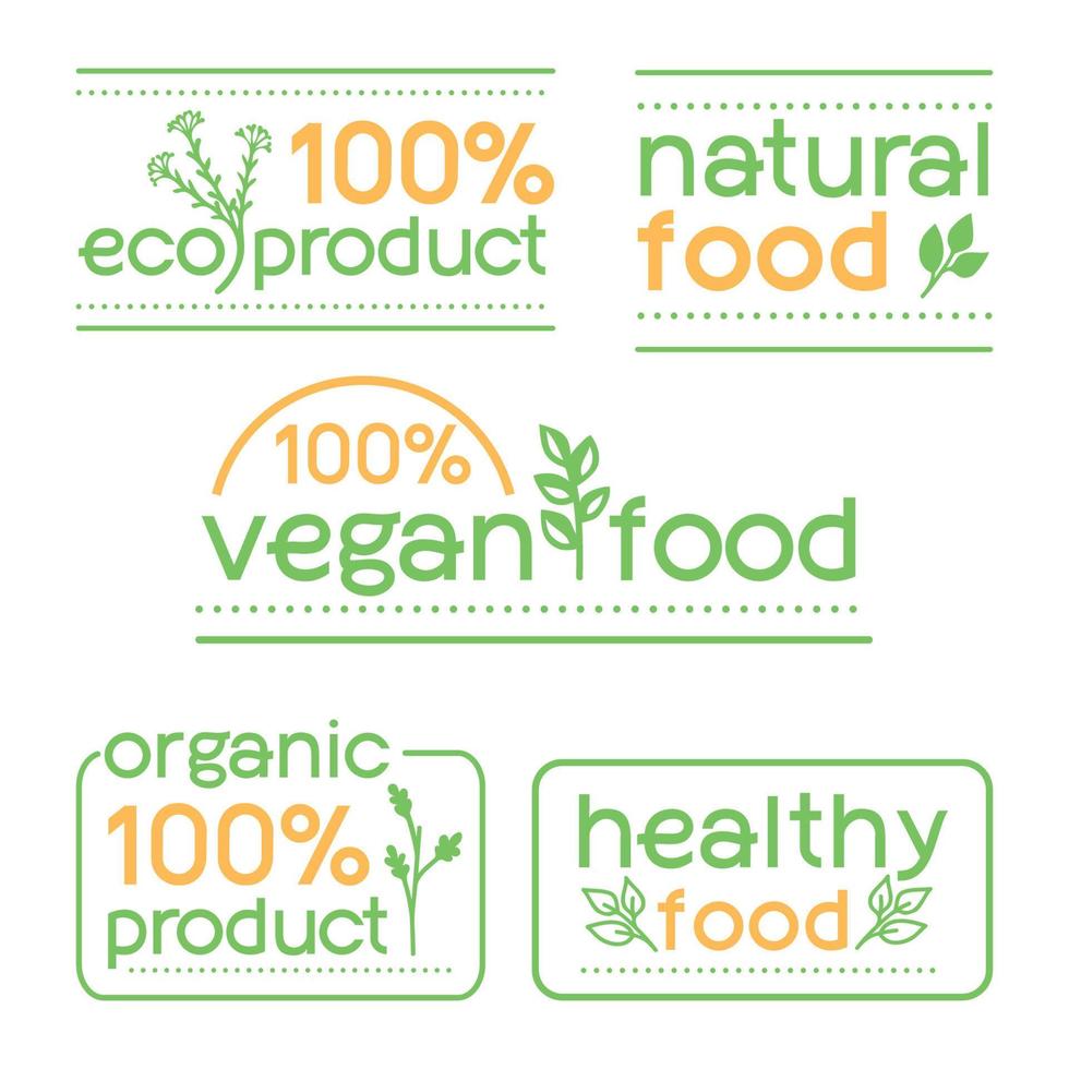 rótulo de comida vegana fresca, produto natural, 100% orgânico, produto ecológico saudável, conjunto de emblema, vetor de adesivo de mercado