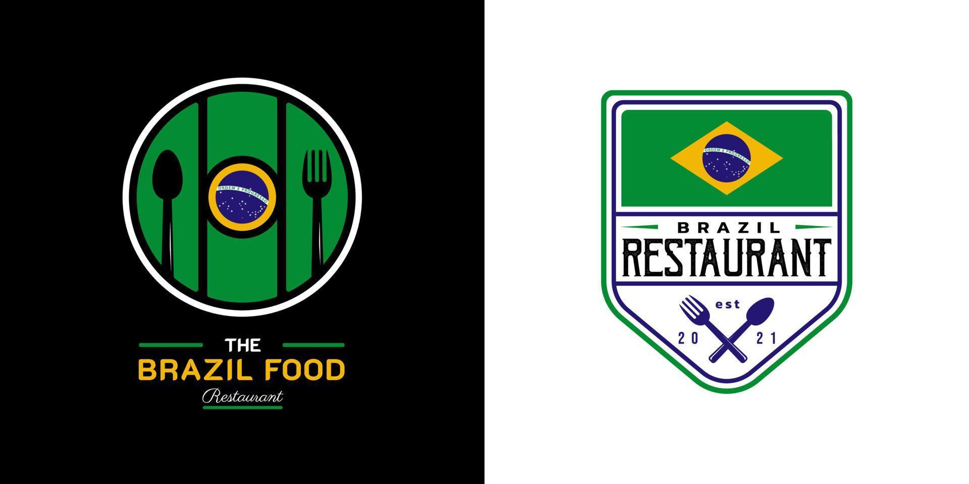 logotipo do restaurante de comida brasileira. símbolo da bandeira do brasil com ícones de colher e garfo. logotipo premium e de luxo vetor