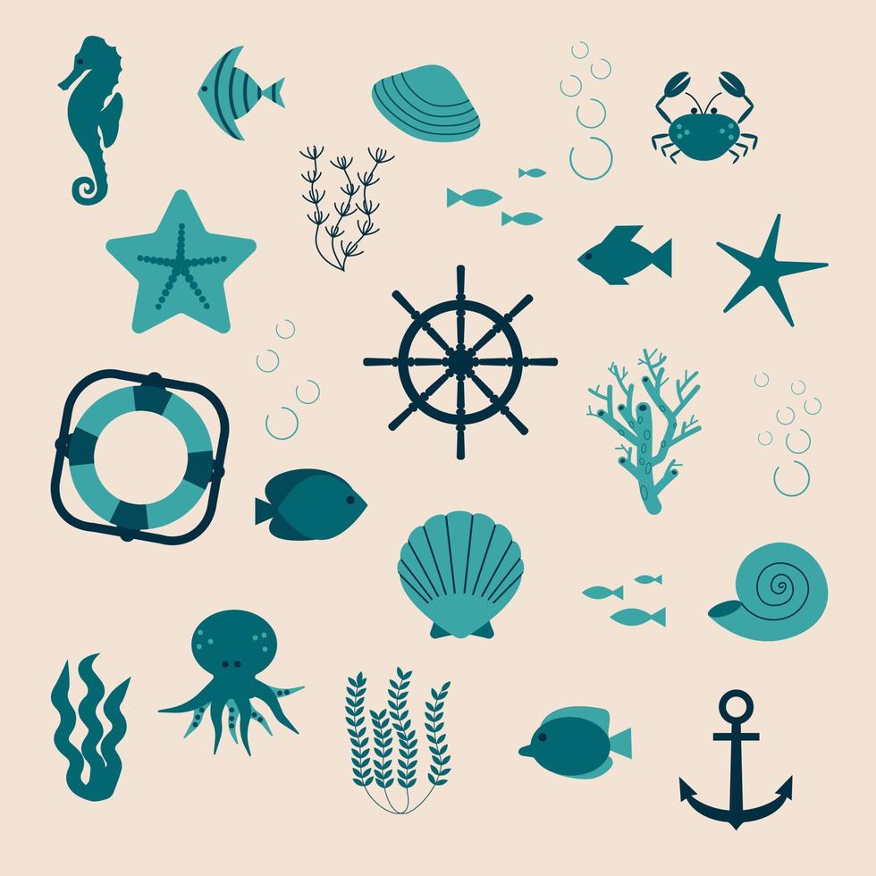 um conjunto sobre um tema marinho. peixe, caranguejo, polvo, algas, estrelas do mar. conjunto monocromático. ilustração vetorial dos desenhos animados. vetor