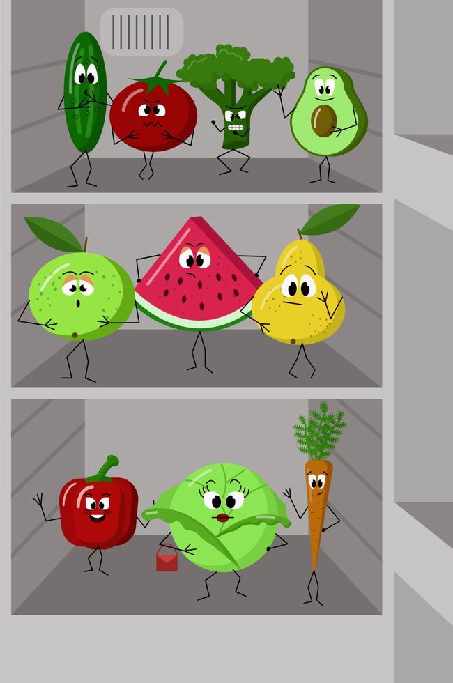 Alimentação saudável. frutas, legumes, personagens. Na geladeira. vitaminas. vegetarianismo. ilustração vetorial dos desenhos animados. vetor
