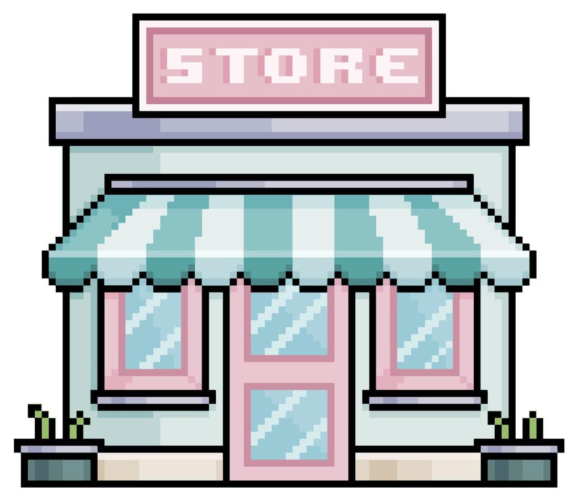 loja de loja de pixel art com construção de vetor de toldo para jogo de 8 bits em fundo branco