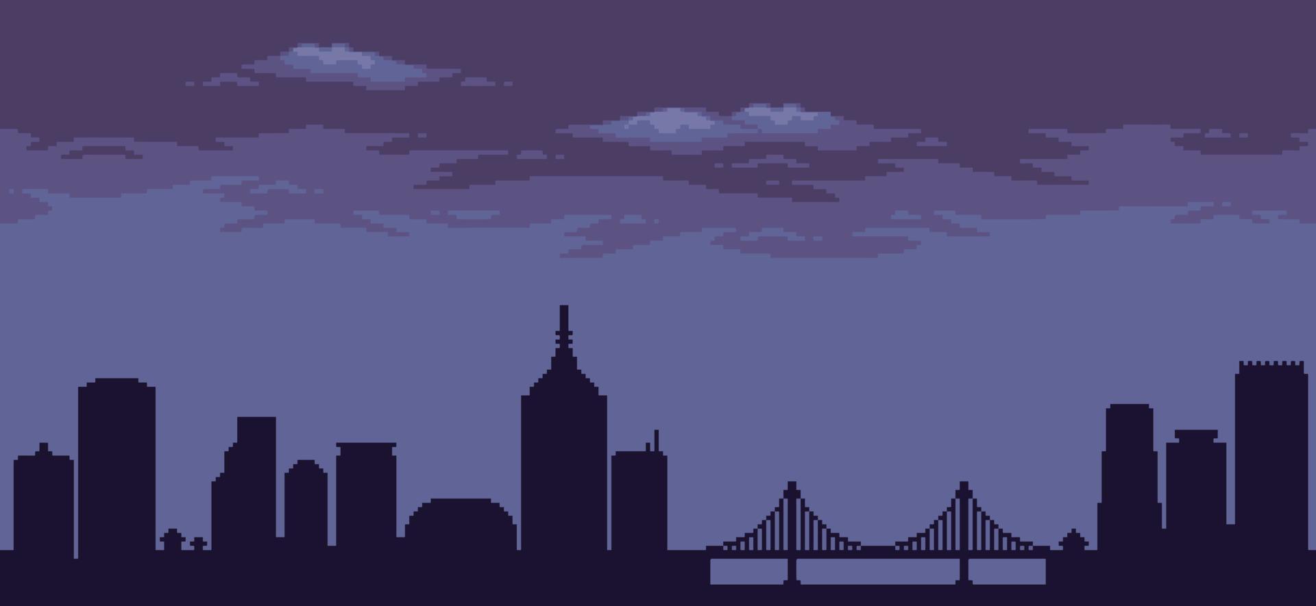 fundo da cidade de pixel art com edifícios, construções, ponte e céu nublado para jogo de 8 bits vetor