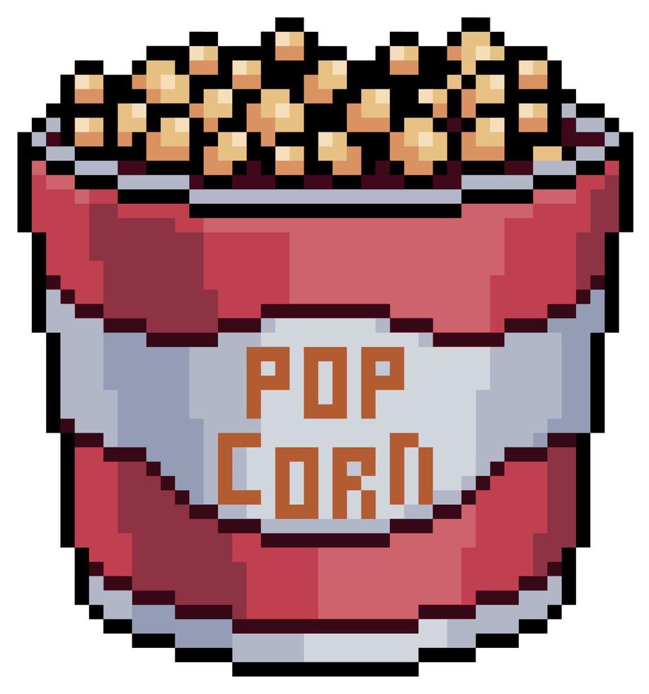 ícone de vetor de pipoca de cinema de pixel art para jogo de 8 bits em fundo branco