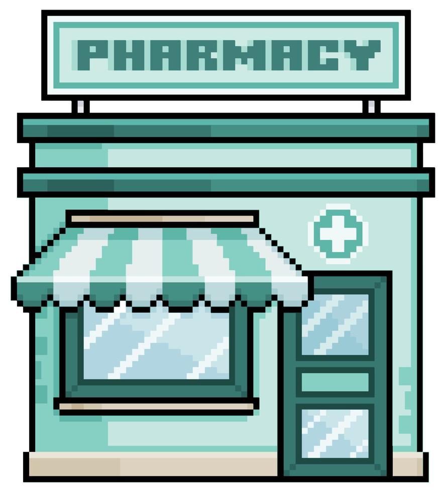 fachada de farmácia de pixel art com construção vetorial de toldo para jogo de 8 bits em fundo branco vetor