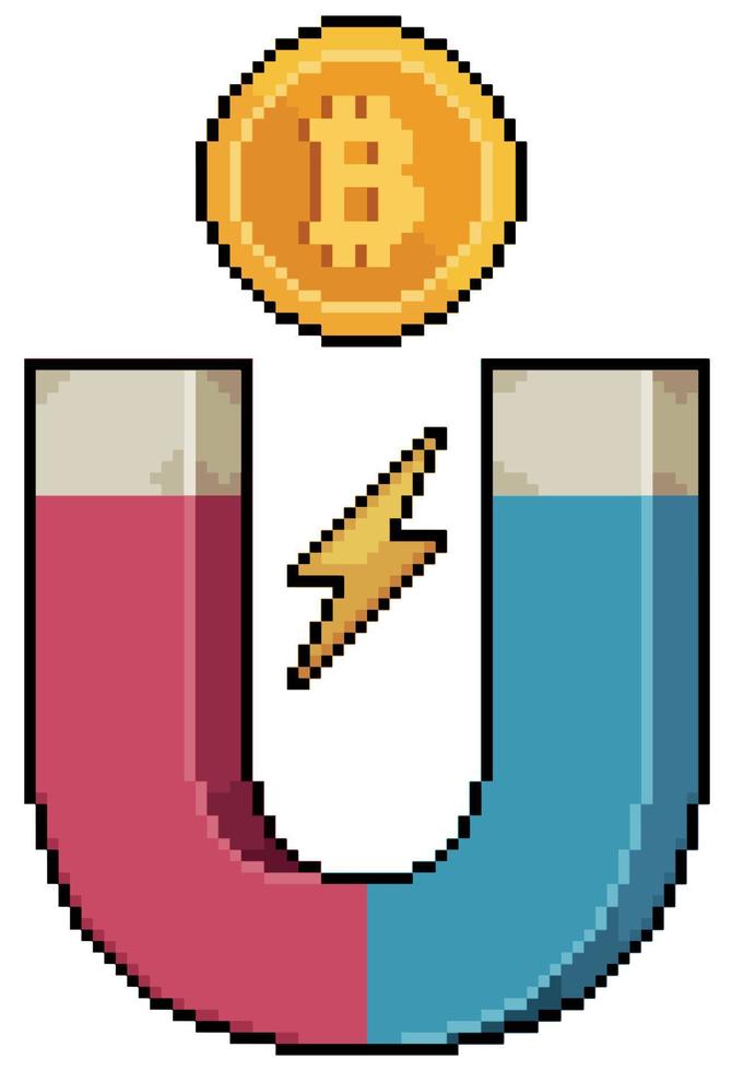 ímã de pixel art atraindo ícone de vetor bitcoin para jogo de 8 bits em fundo branco