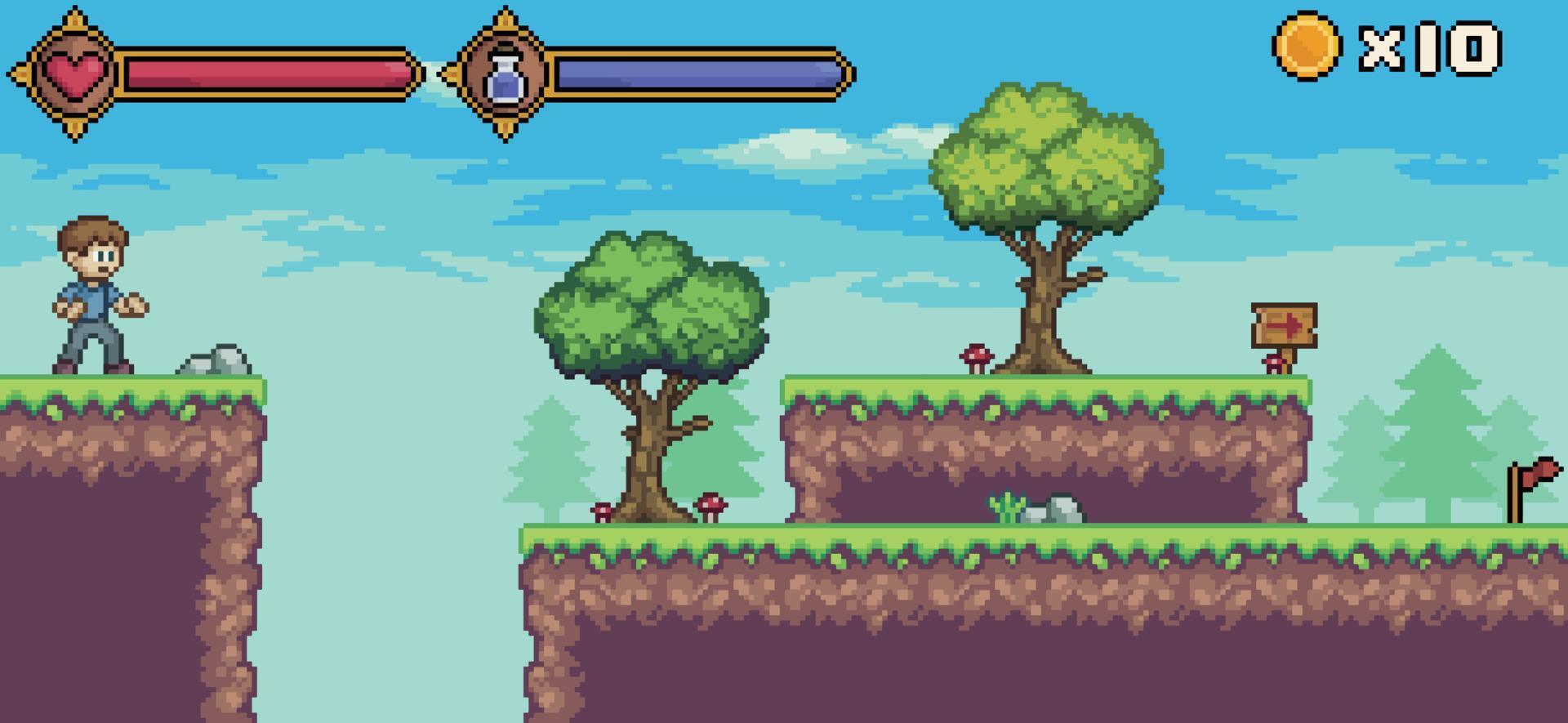 cena de jogo de pixel art com personagem, barra de vida e mana, árvore, fundo vetorial de nuvem para jogo de 8 bits vetor
