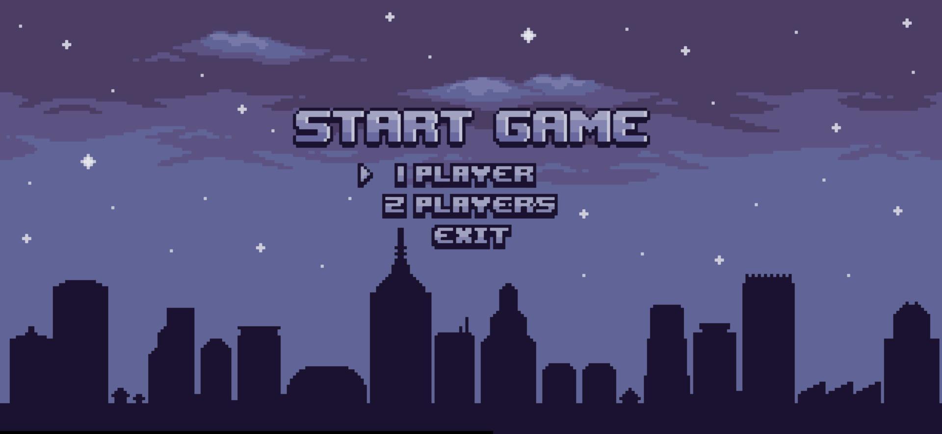 tela inicial do jogo da cidade de pixel art. vetor de fundo de jogo de 8 bits com céu, edifícios, construções