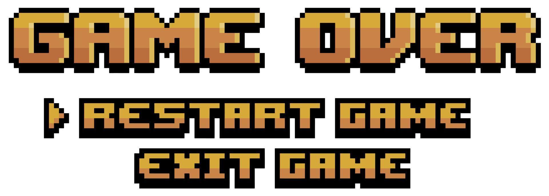 pixel art sobre tela de jogo com ícone de vetor de reinicialização e saída para jogo de 8 bits em fundo branco