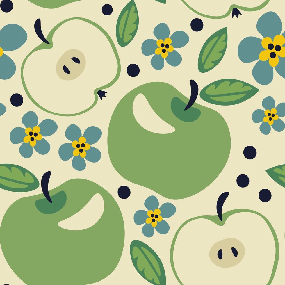 maçã com padrão plano sem costura florescendo e pontos vetor