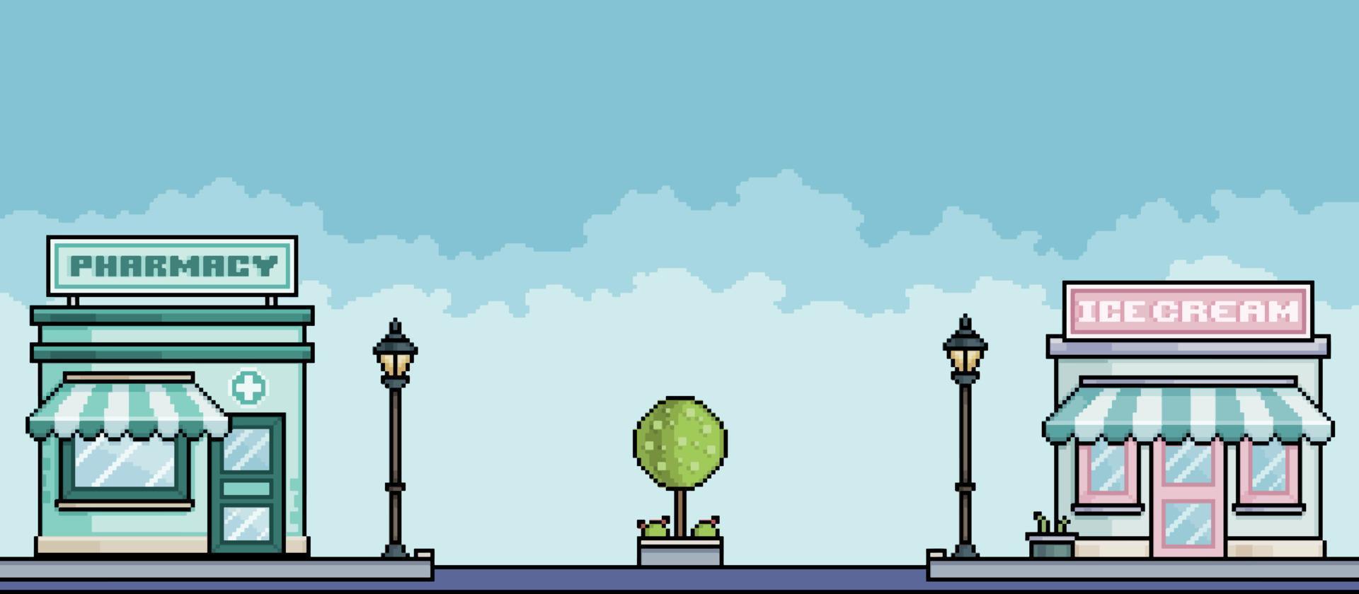 rua comercial de pixel art com paisagem urbana de farmácia e sorveteria. fundo de paisagem urbana para jogo de 8 bits vetor